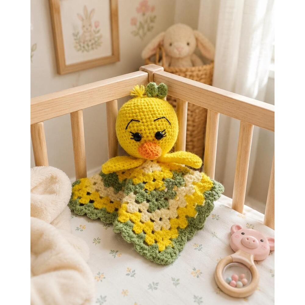 Handmade Crochet Duck Lovey, Yellow Duck Security Blanket